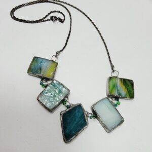 Sterling Silver 925 Stained Glass Necklace Rustic Artisan Handmade Panel Beaded